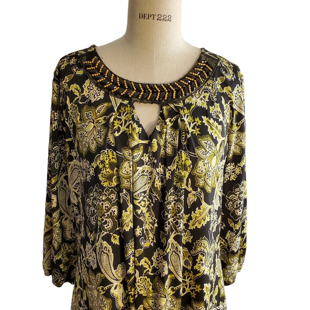 Baku Women's Black & Yellow Beads Floral Dress Size L